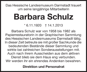 Traueranzeige von Barbara Schulz von Echo-Zeitungen (Gesamtausgabe)