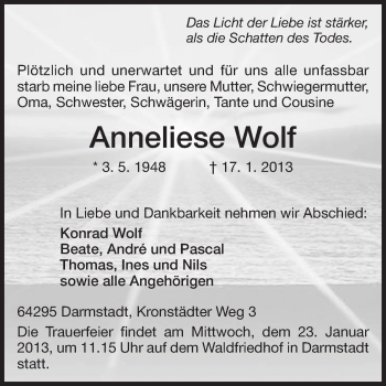 Traueranzeige von Anneliese Wolf von Echo-Zeitungen (Gesamtausgabe)