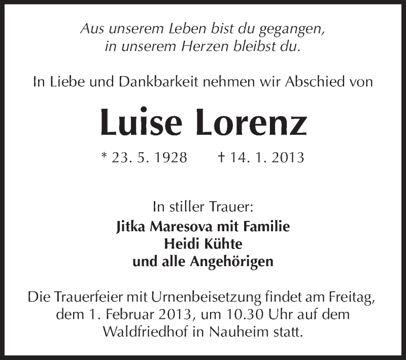  Traueranzeige für Luise Lorenz vom 26.01.2013 aus Rüsselsheimer Echo, Groß-Gerauer-Echo, Ried Echo