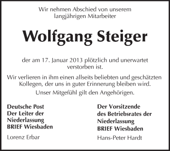 Traueranzeige von Wolfgang Steiger von Darmstädter Echo, Odenwälder Echo, Rüsselsheimer Echo, Groß-Gerauer-Echo, Ried Echo