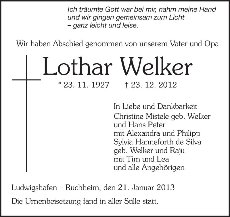  Traueranzeige für Lothar Welker vom 26.01.2013 aus Echo-Zeitungen (Gesamtausgabe)