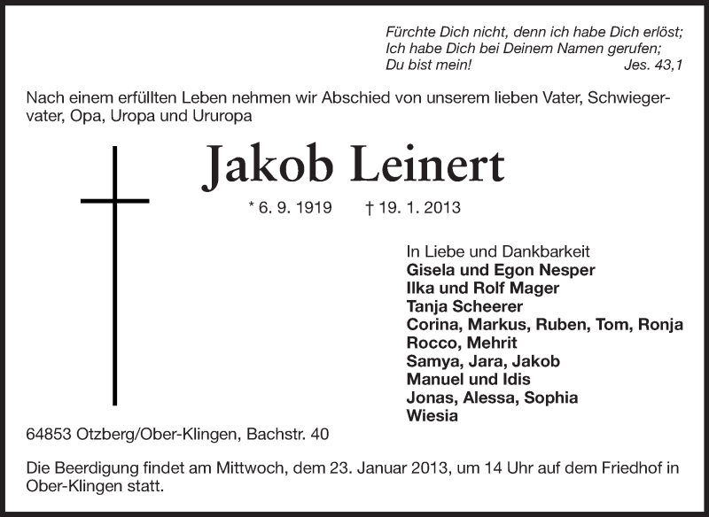  Traueranzeige für Jakob Leinert vom 21.01.2013 aus Echo-Zeitungen (Gesamtausgabe)