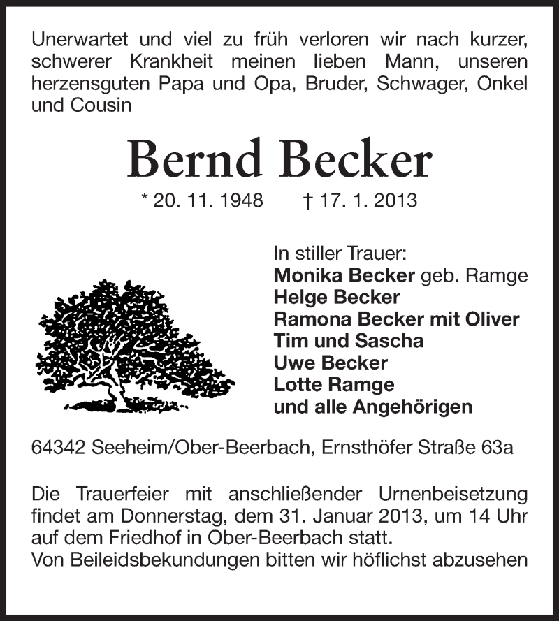  Traueranzeige für Bernd Becker vom 21.01.2013 aus Echo-Zeitungen (Gesamtausgabe)