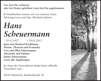 Traueranzeige von Hans Scheuermann von Odenwälder Echo