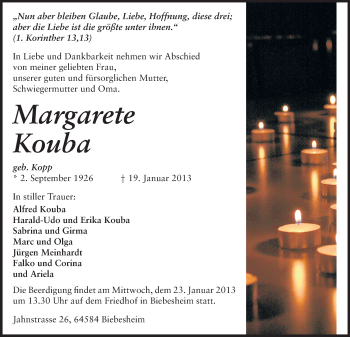 Traueranzeige von Margarete Kouba von Rüsselsheimer Echo, Groß-Gerauer-Echo, Ried Echo