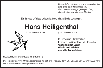 Traueranzeige von Hans Heiligenthal von Starkenburger Echo