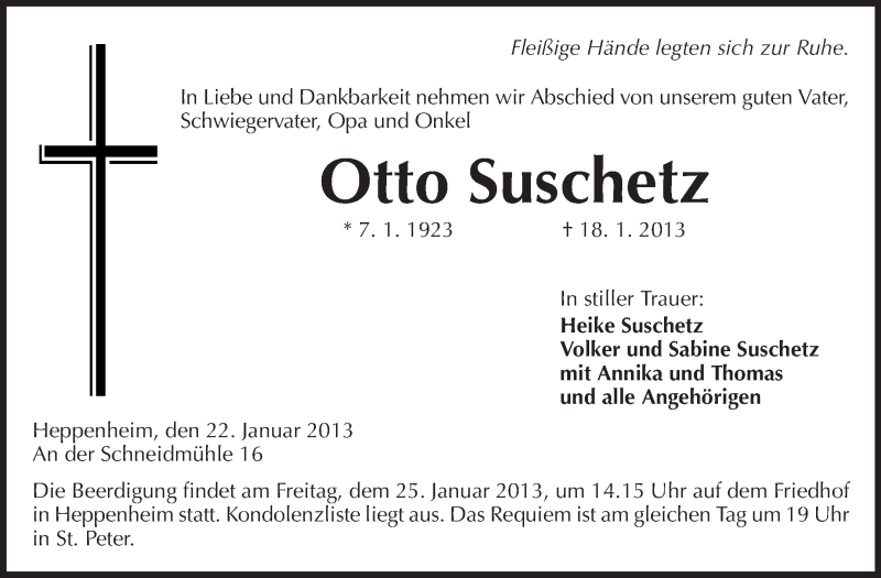  Traueranzeige für Otto Suschetz vom 22.01.2013 aus Starkenburger Echo