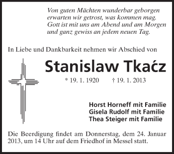 Traueranzeige von Stanislaw Tkacz von Echo-Zeitungen (Gesamtausgabe)