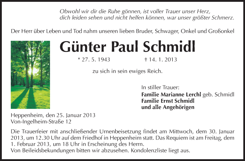  Traueranzeige für Günter Paul Schmidl vom 25.01.2013 aus Starkenburger Echo