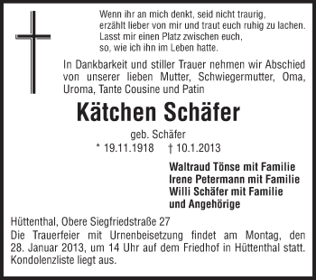 Traueranzeige von Kätchen Schäfer von Odenwälder Echo