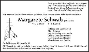 Traueranzeige von Margarete Schwab von Echo-Zeitungen (Gesamtausgabe)