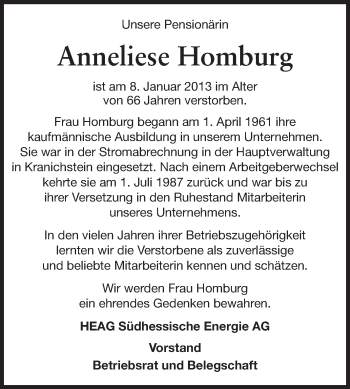 Traueranzeige von Anneliese Homburg von Echo-Zeitungen (Gesamtausgabe)
