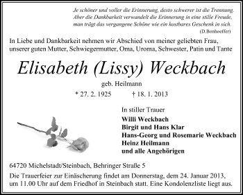 Traueranzeige von Elisabeth Weckbach von Odenwälder Echo