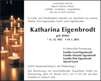 Traueranzeige von Katharina Eigenbrodt von Darmstädter Echo