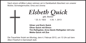 Traueranzeige von Elsbeth Quick von Echo-Zeitungen (Gesamtausgabe)
