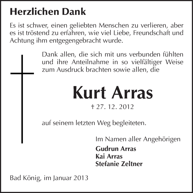  Traueranzeige für Kurt Arras vom 26.01.2013 aus Odenwälder Echo