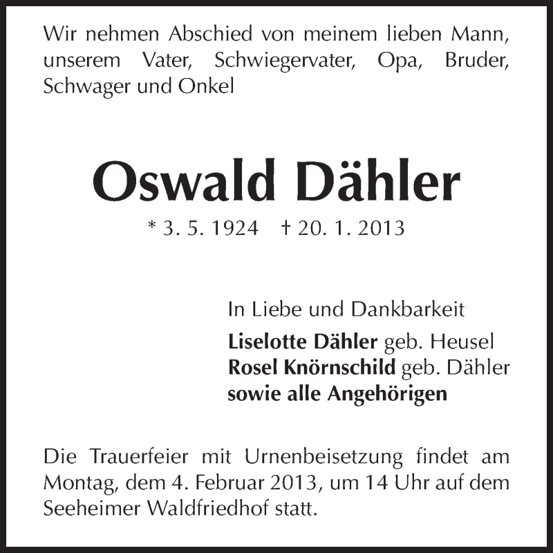  Traueranzeige für Oswald Dähler vom 26.01.2013 aus Echo-Zeitungen (Gesamtausgabe)