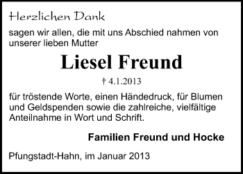 Traueranzeige von Liesel Freund von Echo-Zeitungen (Gesamtausgabe)