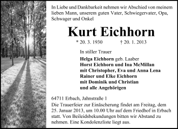 Traueranzeige von Kurt Eichhorn von Odenwälder Echo