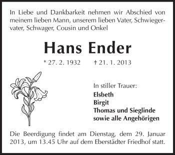 Traueranzeige von Hans Ender von Echo-Zeitungen (Gesamtausgabe)
