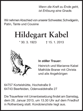 Traueranzeige von Hildegart Kabel von Odenwälder Echo