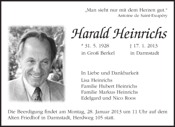 Traueranzeige von Harald Heinrichs von Darmstädter Echo, Odenwälder Echo, Rüsselsheimer Echo, Groß-Gerauer-Echo, Ried Echo
