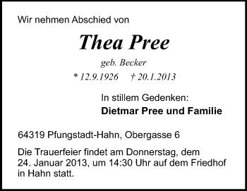 Traueranzeige von Thea Pree von Echo-Zeitungen (Gesamtausgabe)