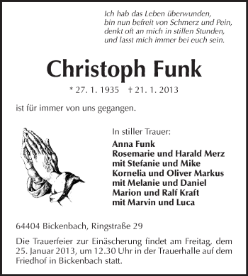 Traueranzeige von Christoph Funk von Echo-Zeitungen (Gesamtausgabe)