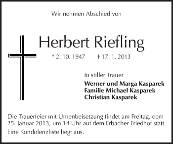 Traueranzeige von Herbert Riefling von Odenwälder Echo