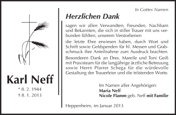 Traueranzeige von Karl Neff von Starkenburger Echo, Bergsträßer Anzeiger