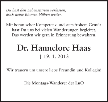 Traueranzeige von Hannelore Haas von Echo-Zeitungen (Gesamtausgabe)