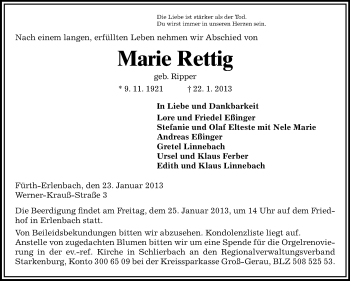Traueranzeige von Marie Rettig von Starkenburger Echo