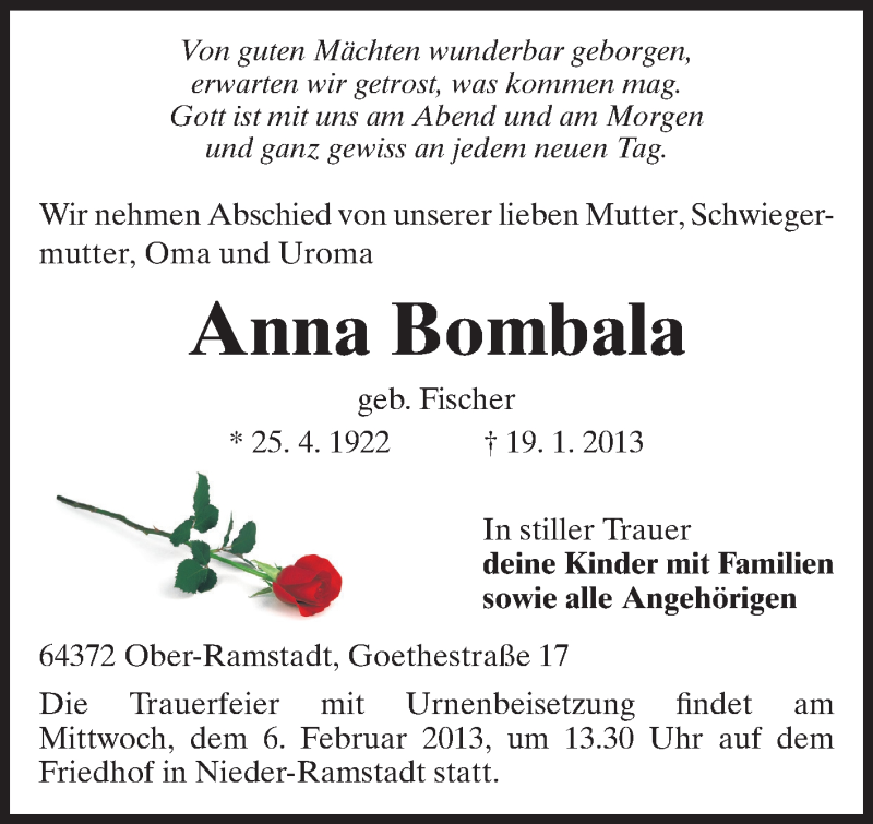  Traueranzeige für Anna Bombala vom 02.02.2013 aus Echo-Zeitungen (Gesamtausgabe)