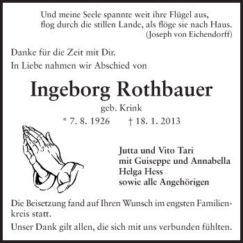 Traueranzeige von Ingeborg Rothbauer von Echo-Zeitungen (Gesamtausgabe)
