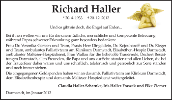 Traueranzeige von Richard Haller von Echo-Zeitungen (Gesamtausgabe)