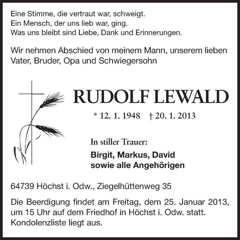  Traueranzeige für Rudolf Lewald vom 24.01.2013 aus Odenwälder Echo
