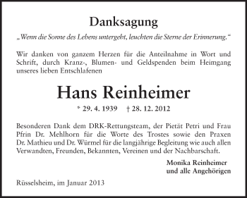 Traueranzeige von Hans Reinheimer von Rüsselsheimer Echo, Groß-Gerauer-Echo, Ried Echo