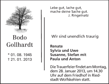 Traueranzeige von Bodo Gollhardt von Rüsselsheimer Echo, Groß-Gerauer-Echo, Ried Echo