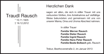 Traueranzeige von Traudl Rausch von Rüsselsheimer Echo, Groß-Gerauer-Echo, Ried Echo