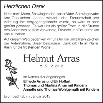 Traueranzeige von Helmut Arras von Odenwälder Echo