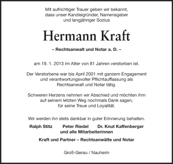 Traueranzeige von Hermann Kraft von Echo-Zeitungen (Gesamtausgabe)