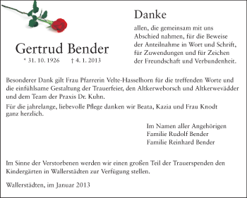 Traueranzeige von Gertrud Bender von Rüsselsheimer Echo, Groß-Gerauer-Echo, Ried Echo