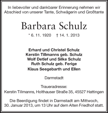 Traueranzeige von Barbara Schulz von Echo-Zeitungen (Gesamtausgabe)