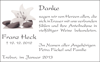 Traueranzeige von Franz Heck von Rüsselsheimer Echo, Groß-Gerauer-Echo, Ried Echo