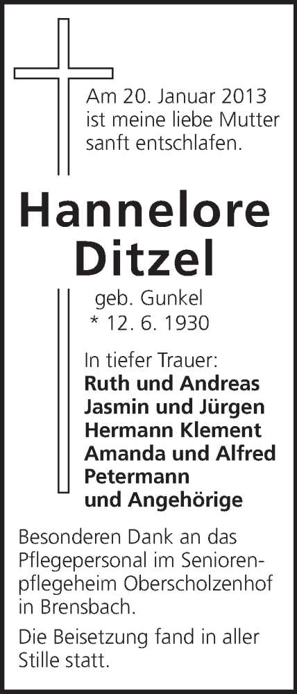 Traueranzeige für Hannelore Ditzel vom 06.02.2013 aus Odenwälder Echo