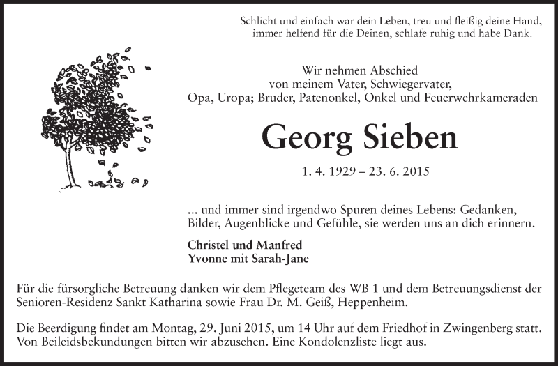  Traueranzeige für Georg Sieben vom 26.06.2015 aus Echo-Zeitungen (Gesamtausgabe)
