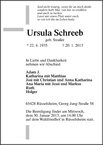 Traueranzeige von Ursula Schreeb von Rüsselsheimer Echo, Groß-Gerauer-Echo, Ried Echo