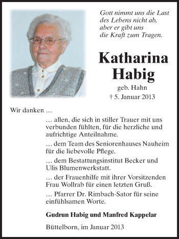 Traueranzeige von Katharina Habig von Rüsselsheimer Echo, Groß-Gerauer-Echo, Ried Echo