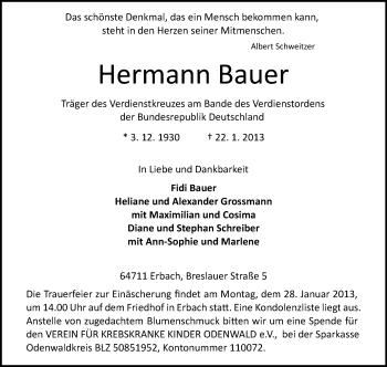 Traueranzeige von Hermann Bauer von Odenwälder Echo