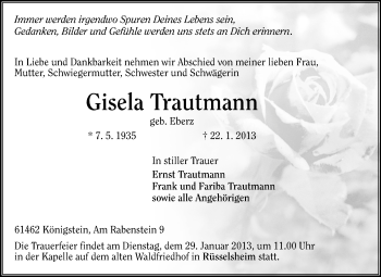 Traueranzeige von Gisela Trautmann von Rüsselsheimer Echo, Groß-Gerauer-Echo, Ried Echo